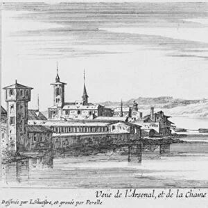 View of the Arsenal and river Saone, Lyon (engraving) (b / w photo)