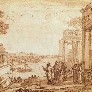 View of Carthage with Dido and Aeneas (pen, watercolour and bistre wash)