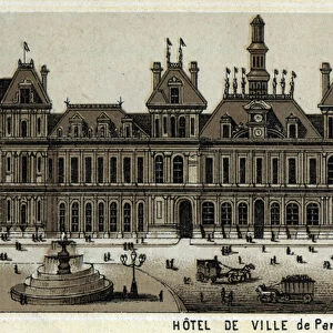 View of the city hall of Paris and the Place. Chromolithography of the end of the 19th