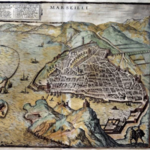 View of the city of Marseille with street map. Engraving from the Atlas de Braun