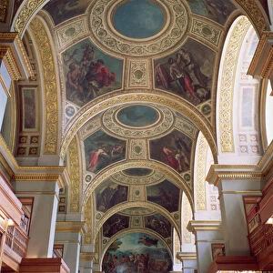 View of the coffered Library ceiling with gilded stucco framework surrounding spandrels