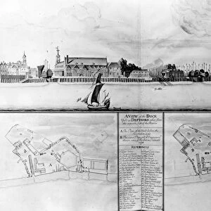 A View of the Dockyard at Deptford taken from the opposite Side of the Thames, 1698