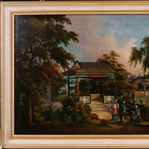 View of Howquas Garden in Canton with Ladies by a Pavillion, c. 1850 (oil on canvas)