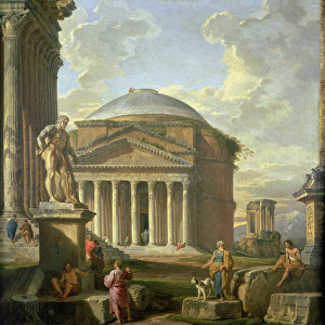 View of the Pantheon, the Farnese Hercules and other Roman Ruins (oil on canvas)