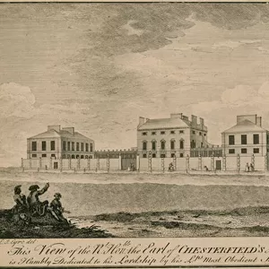 View of the Right Hon the Earl of Chesterfields house near Hyde Park, taken from the Park Wall (engraving)