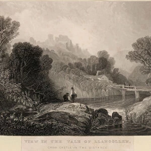 View in the Vale of Llangollen, Wales, with Crow Castle in the distance (engraving)