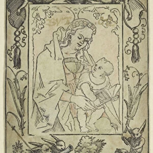 The Virgin and Child surrounded by a Border with a Hunter and some Rabbits (woodcut