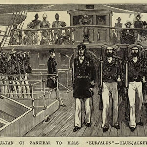 Visit of the Sultan of Zanzibar to H Ms "Euryalus", Blue-Jackets marching Past (engraving)