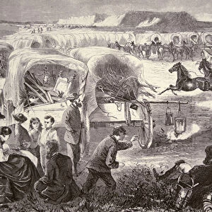 A Wagon Train formed into a Corral on the Oregon Trail, 1869 (litho)