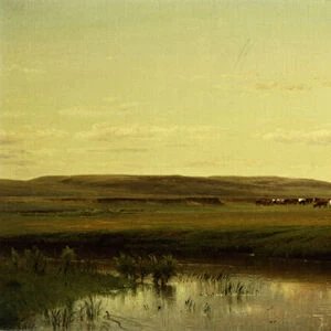 A Wagon Train on the Plains, Platte River, (oil on canvas laid on masonite)