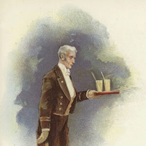 Waiter carrying drinks (colour litho)