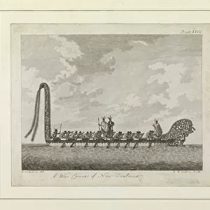 A war canoe of New Zealand, 1770 (engraving, etching)
