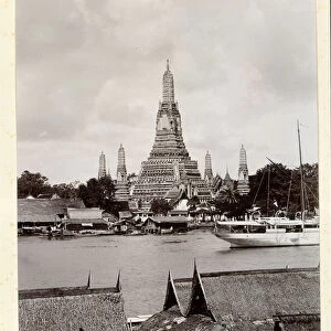 Wat Arun with Chao Phraya River, 1890 (b / w photo)