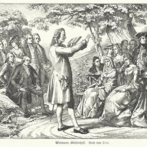 The Weimar Court of the Muses: German poet and playwright Friedrich Schiller reading at Schloss Tiefurt, with Christoph Martin Wieland, Johann Wolfgang Goethe and Johann Gottfried Herder among those listening (engraving)