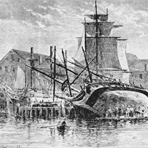 Whaling ships in New Bedford, Massachusetts, 1882 (litho) (b / w photo)