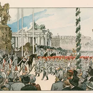 Wilhelm II, German Emperor and King of Prussia (1859-1941), at the dedication of the national monument in Berlin in 1897 (colour litho)