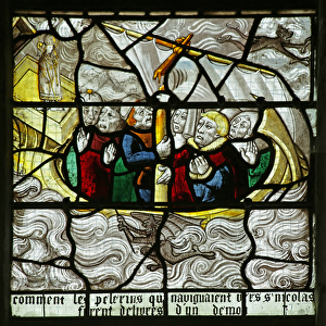 Window depicting St Nicholas appearing and rescuing travellers as their ship sinks