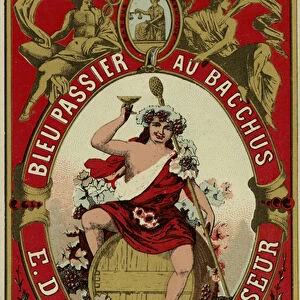 Wine label depicting Bacchus (colour litho)