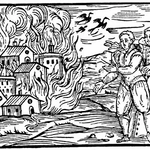 Witches destroying a house by fire, Swabia in 1533, illustration from
