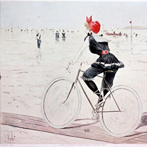 Woman on a bike on the beach - drawing by L. Vallet, 1896, Arts Deco