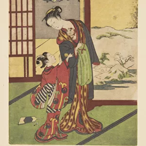 Woman and Child with Kitten (colour woodblock print)