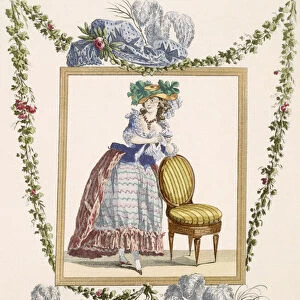Woman in elegant day dress with hat, engraving by Duhamel, plate no
