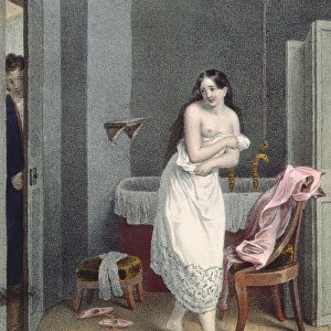 Woman Getting out of her Bath, c. 1825 (colour litho)