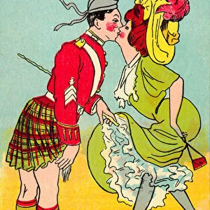 Woman kissing a Scottish soldier in a kilt (colour litho)