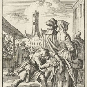 Woman in a market being robbed of her purse, 1685 (etching)