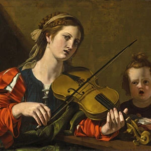 A woman playing the violin with two children singing (oil on canvas)
