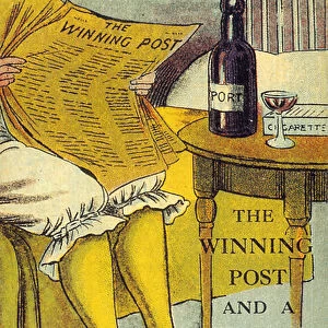 Woman reading the Winning Post and drinking port (colour litho)