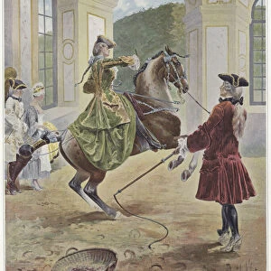 A woman riding a horse which is rearing up before a man holding a whip (colour litho)