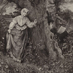 Woman sneaking up on a man sitting with his back against a tree and reading (engraving)
