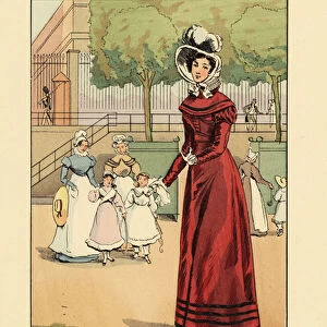 Woman strolling in the Gardens of the Tuileries, near the rue de Rivoli, 1819. She wears a bonnet, lace collar and satin walking dress. In the background, children with hoops and yo-yos and their nannies. Handcoloured lithograph by R. V