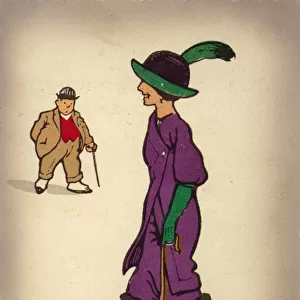 Woman in trousers walking her dog (colour litho)