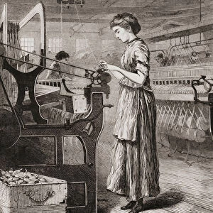 Woman working on a loom in a factory in 19th century