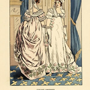 Women in feather headdresses and luxurious embroidered dresses, court of King Louis XVIII, circa 1817. Interior with blue curtains and fleur de lys carpet. Court dresses in the early Restoration, Paris. Handcoloured lithograph by R. V