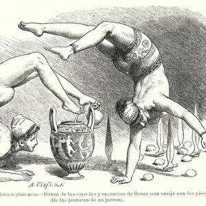 Women performing gymnastics in Ancient Greece: sword dance and filling a vessel using the feet (litho)