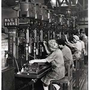 Women at work, drilling and reaming aircraft wing spar fittings for Blackburn Aircraft