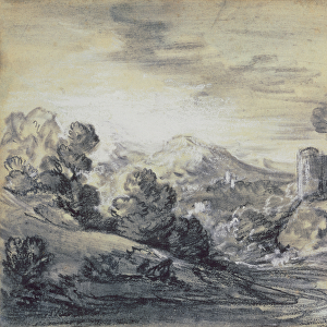 Wooded Landscape with Castle, c. 1785-88 (black & white chalk on laid paper)