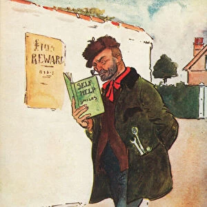 Workman reading a self help book (colour litho)