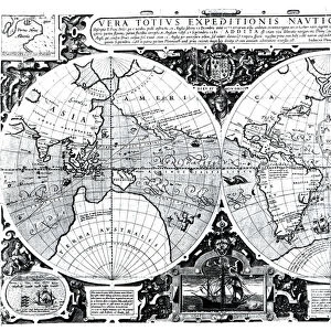 World map; Vera Totius Expeditionis Nauticae, charting the circumnavigation of the globe by