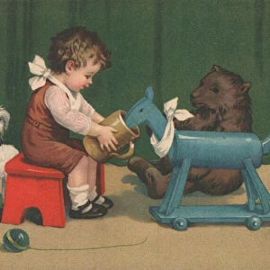 A young boy sits playing with his toys in a nursery (colour litho)