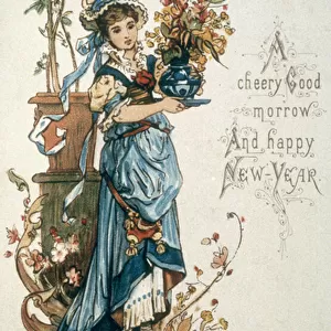 Young girl in blue to wish you a very happy Christmas and new year, c. 1900 (colour litho)