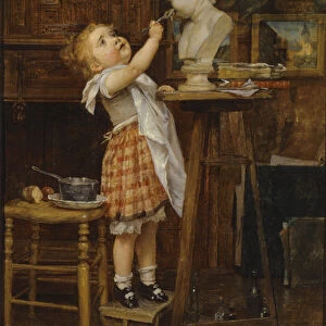Young Girl Feeding a Statue (oil on canvas)
