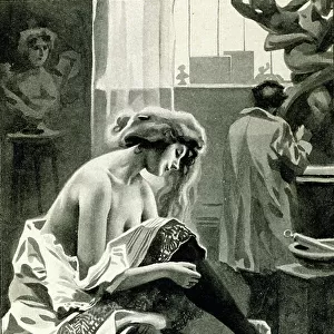 A young model woman gets dressed after the pose. Behind him, the sculptor works on his work. Illustration by Ferdinand Sigismund Bac (1859-1952) 20th century