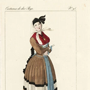 Young woman of Bujaruelo, Aragon, Spanish Pyrenees, 19th century. She wears a white kerchief tied over her long hair braided with ribbon, a red fichu, laced corset, petticoat and pleated apron