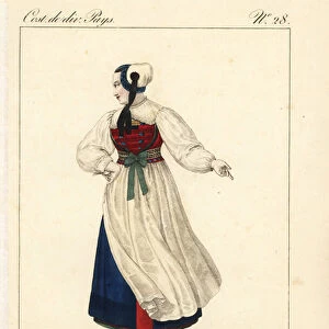 Young woman of the Canton of Aargau, near Baden, Switzerland, 19th century. She wears a toquet in blue, black and white, and a similarly bizarre costume