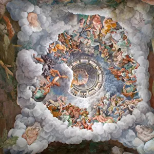 Zeus surrounded by other gods of Olympus throwing lightnings against the Giants and destructing them, vault and the South and West walls, Chamber of the Giants (Sala dei Giganti ), 1526-1528