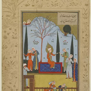 Zulaykhas maids entertain Yusuf in the garden, c. 1575 (opaque watercolor